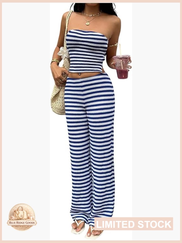 Striped 2 Piece Crochet Knit Tube Top And Pants Set Beach Vacation Outfit